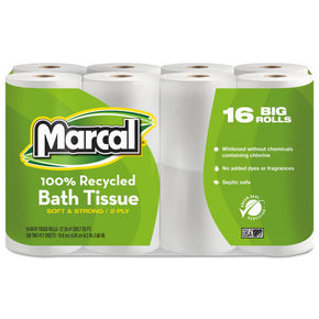 Marcal® Standard 2-Ply Toilet Paper – 168 Sheets Per Roll, 16 Rolls (Pack of 16) – Soft, Strong & Absorbent Bath Tissue, Septic-Safe, 100% Recycled, Hypoallergenic – Ideal for Home or Office