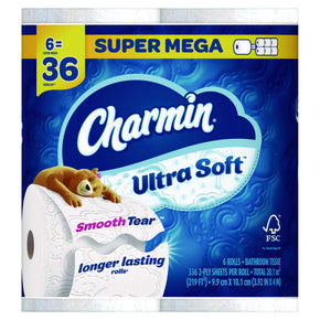 Charmin Ultra Soft Toilet Paper 6 Mega Rolls - 2-Ply, 336 Sheets per Roll | Ultra Soft & Strong | Septic Safe
